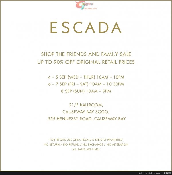 香港Escada Friends &Family Sale 低至1折开仓优惠