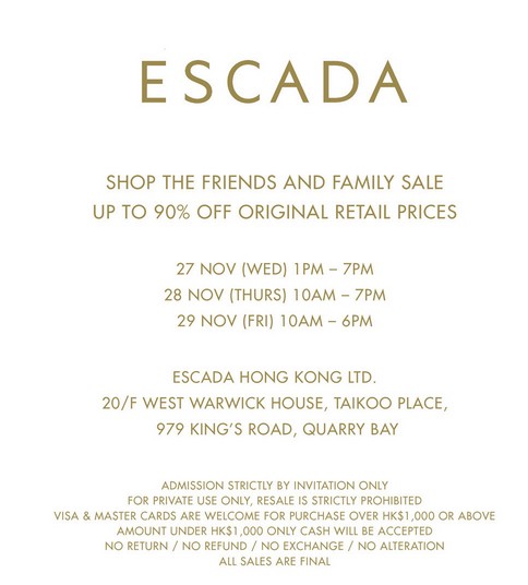 香港打折：Escada（艾斯卡达）全场低至1折购物优惠（至2013-11-29）