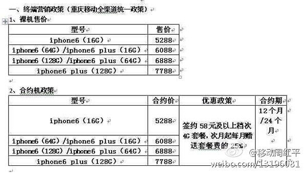 移动版iPhone 6合约曝光 每月赠送套餐费的25%