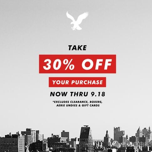 香港打折：American Eagle Outfitters全单7折优惠（至16年9月18日止）