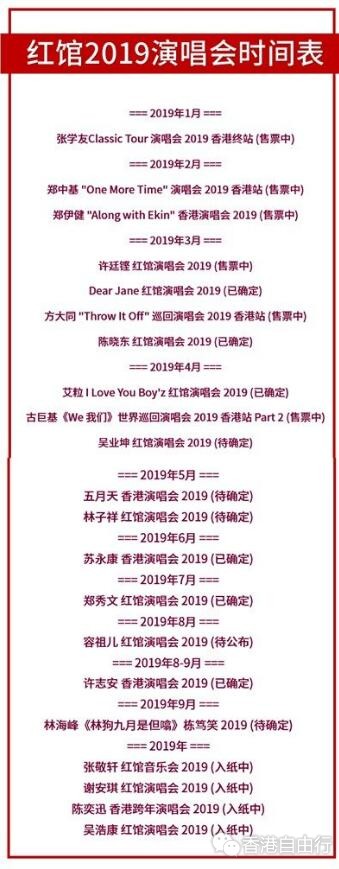 2019年红馆演唱会时间表来啦！