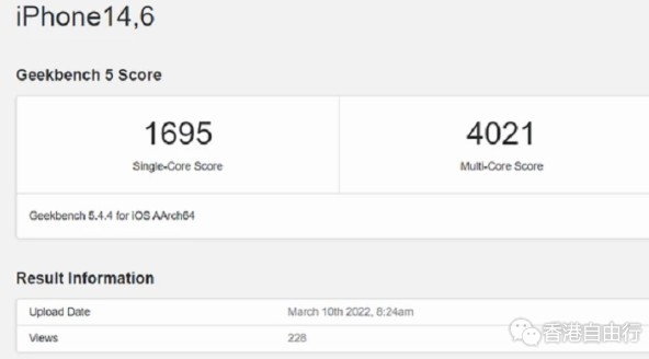 新款iPhone SE跑分曝光，搭载A15仿生芯片，配备4GB运行内存