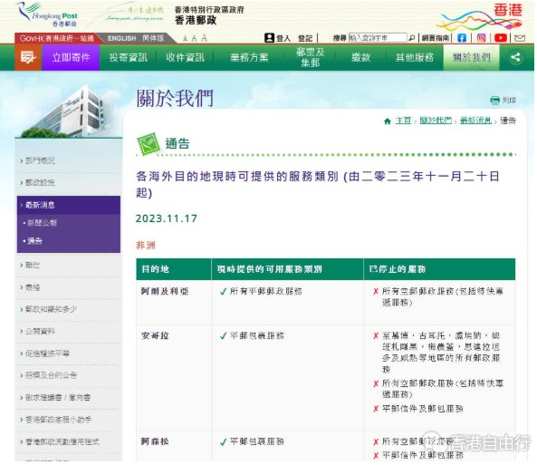 香港邮政下周一起恢复寄往若干目的地的邮政服务