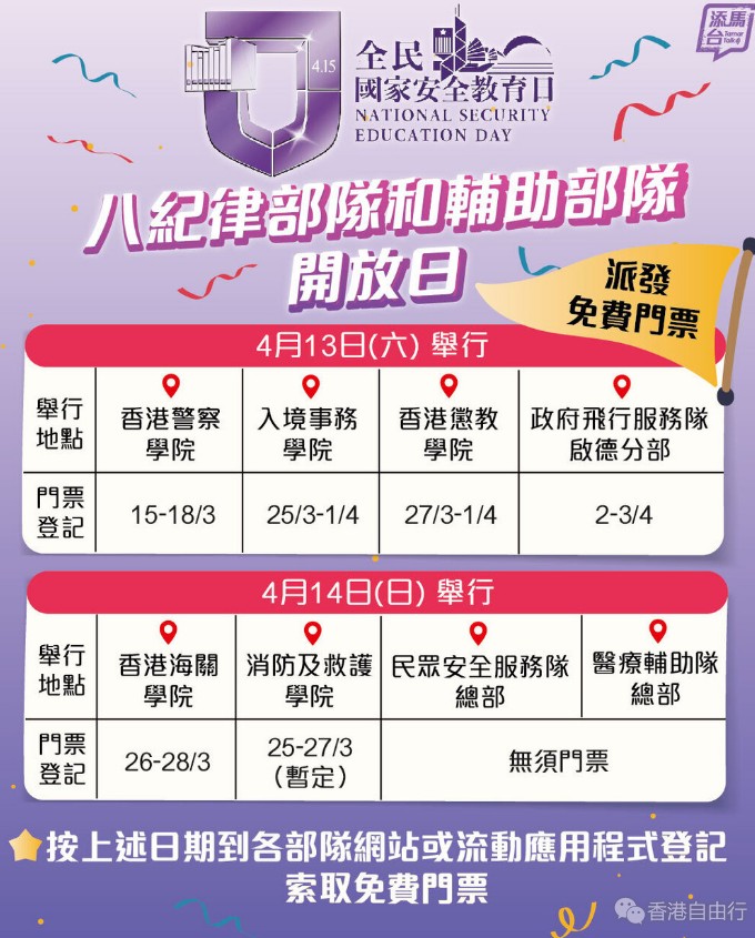 纪律部队4·13起开放日　免费门票今起登记（附连结）