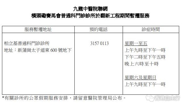 横头磡赛马会普通科门诊诊所暂迁服务开展翻新工程