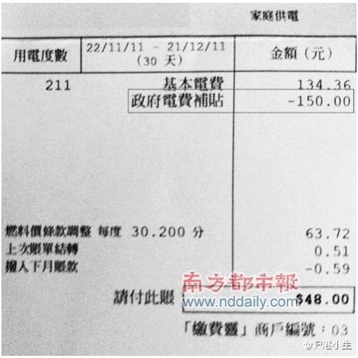 一香港人家庭电费单：天天开暖气 每月48元