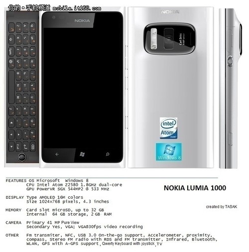 诺基亚Lumia1000曝光 同样4100万像素