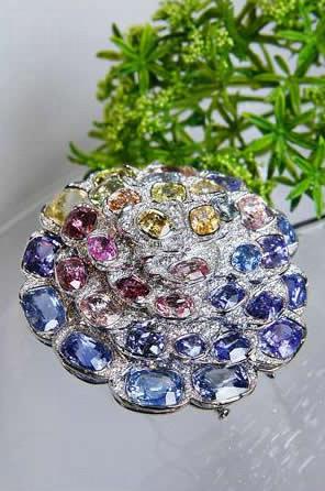 這個色彩繽紛的山茶花襟針動用了不少彩色的寶石，包括中央的一顆橙色藍寶石，而圍繞四周合共 34 顆的彩色寶石，共重 114.9 卡，再配以 448 顆合共 11 卡的鑽石，比真的山茶花還要漂亮。
