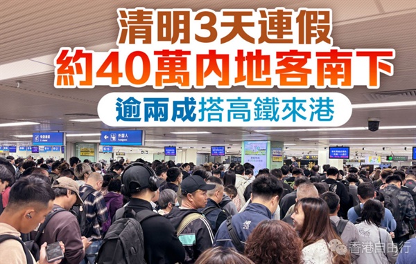 清明3天连假约40万内地客南下　逾两成搭高铁来港