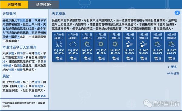 天文台截至早上六时录得最低气温13.2度　今年入秋以来最低